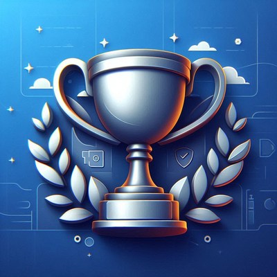 Silver trophy surrounded by laurel on blue background