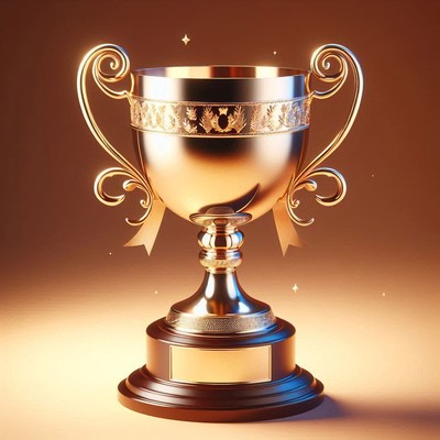 Shiny golden trophy on a wooden base
