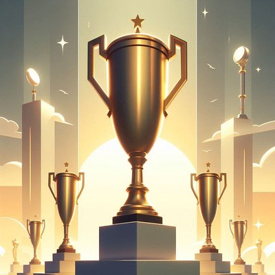 Golden trophies against a vibrant sunset background