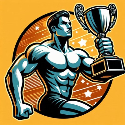 Muscular athlete holding trophy with dynamic background