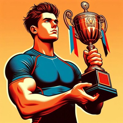 Champion holding trophy against orange background