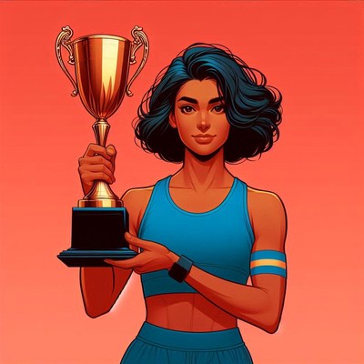 Athlete with trophy against red background