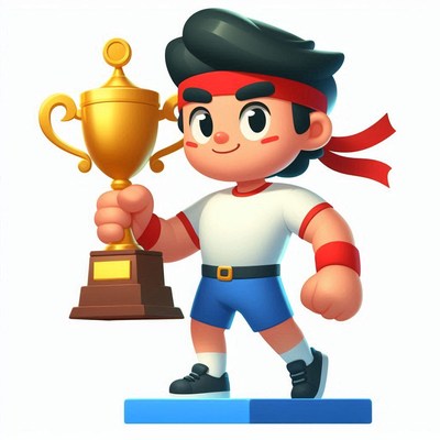 Cartoon character holding trophy after winning competition