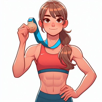 Athletic woman holding bronze medal after competition