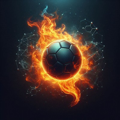 Flaming soccer ball surrounded by abstract elements