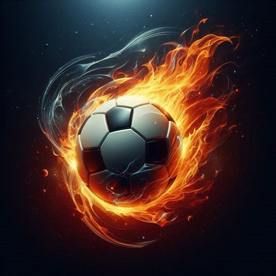 Soccer ball surrounded by flames against dark background
