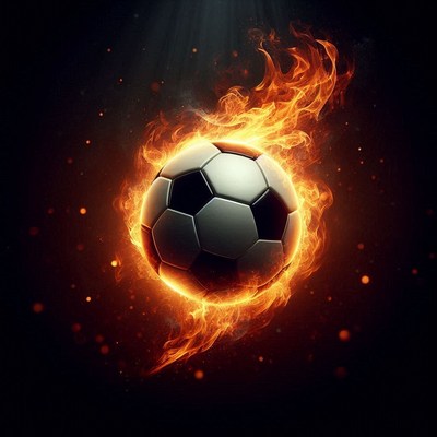 Flaming soccer ball in dramatic light effect