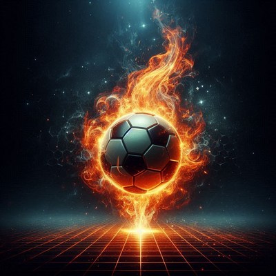 Flaming soccer ball igniting in cosmic background