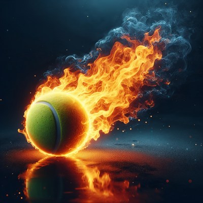 Flaming tennis ball in motion