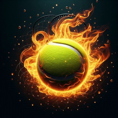 Flaming tennis ball artwork on dark background