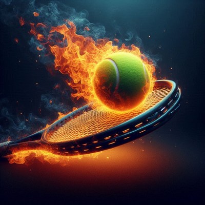 Tennis racket and ball surrounded by flames at night