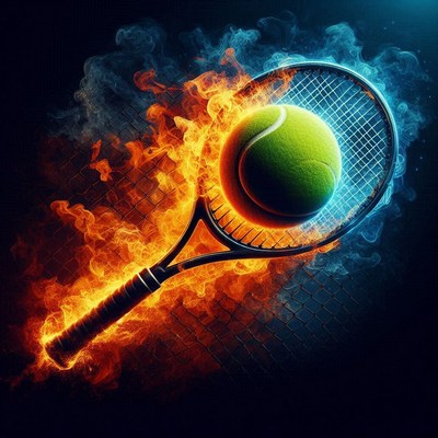 Tennis racket and ball surrounded by flames and smoke