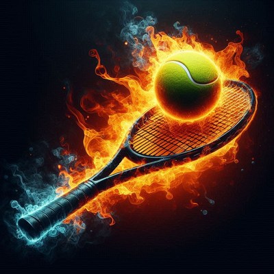 Flaming tennis ball and racket against dark background