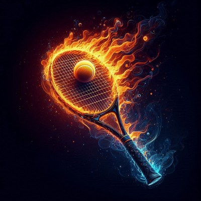 Flaming tennis racket and ball in creative artwork