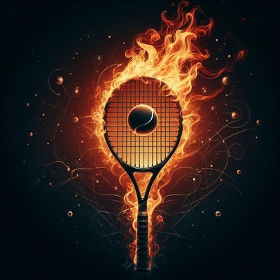 Tennis racket surrounded by flames and a ball