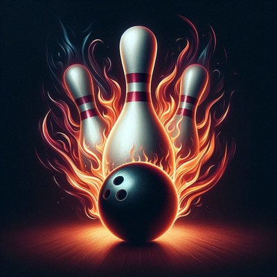Flaming bowling pins and ball in action