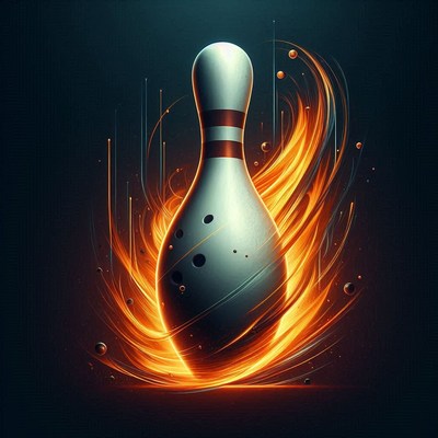 Flaming bowling pin surrounded by dynamic energy swirls