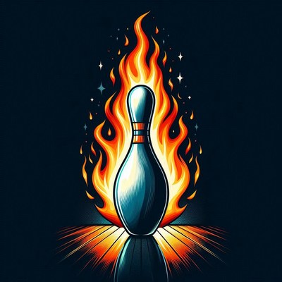 Bowling pin surrounded by flames in bold design