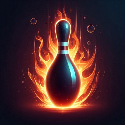 Flaming bowling pin surrounded by fire and bubbles