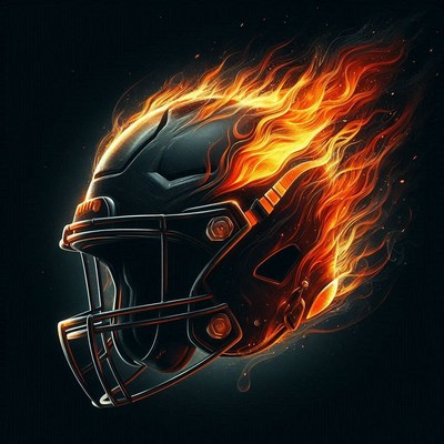Fiery football helmet design with flames and motion effects