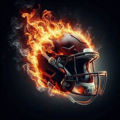 Flaming football helmet against dark background
