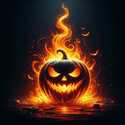 Fiery jack-o'-lantern surrounded by flames at night