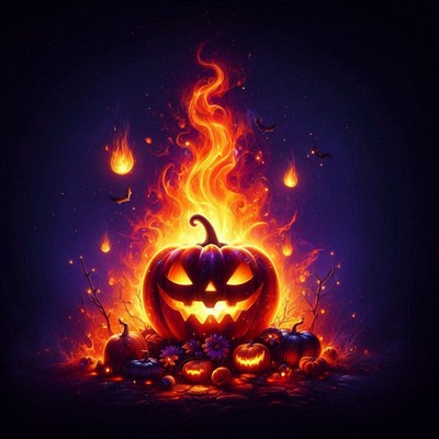 Spooky pumpkin surrounded by flames on halloween night