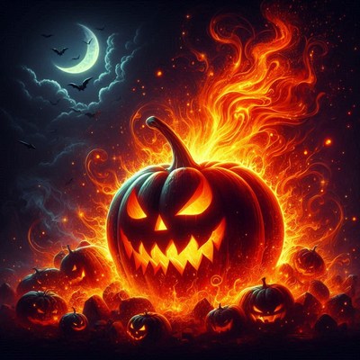 Spooky jack-o'-lantern surrounded by flames at night