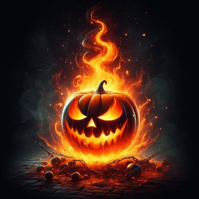 Fiery jack-o'-lantern surrounded by chains at night