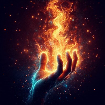 Fiery hand releasing flames in dark surrounding space
