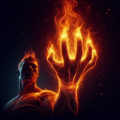 Fiery hand gesture of a figure against dark background