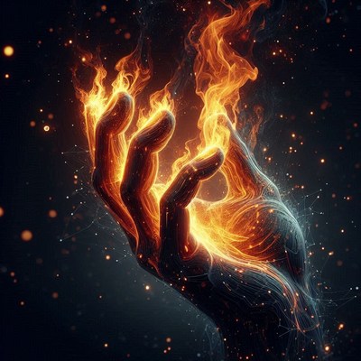 Fiery hand with glowing flames against dark background