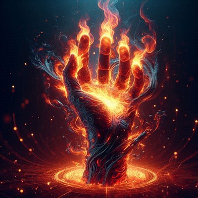 Fiery hand erupting from darkness with flames and energy