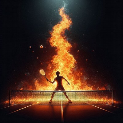 Tennis player competing against flaming background