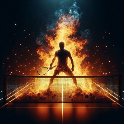 Fiery tennis player competing at night in dramatic setting