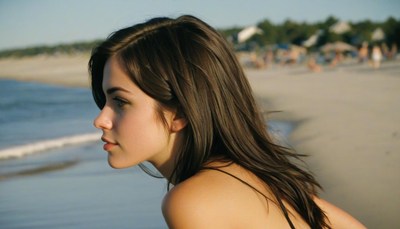 Young woman gazing at ocean on sunny beach afternoon