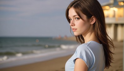 Young woman strolling along the beach at sunset