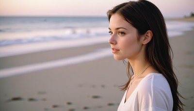 Young woman contemplating at beach during sunset