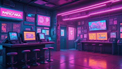 Futuristic cyber cafÃ© with neon lights at night