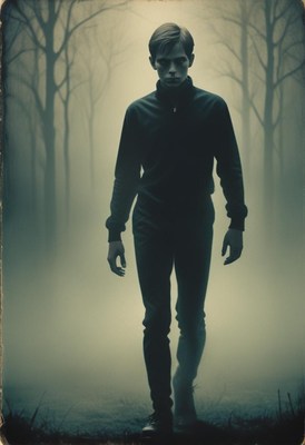 Young man walking through foggy forest at dusk