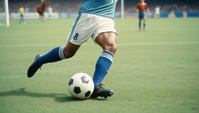 Soccer player dribbling ball on field during match