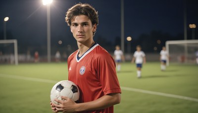 Young soccer player on field at night holding ball