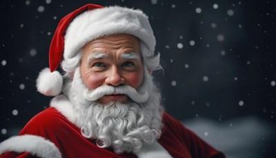 Jolly man dressed as santa claus smiling in snow