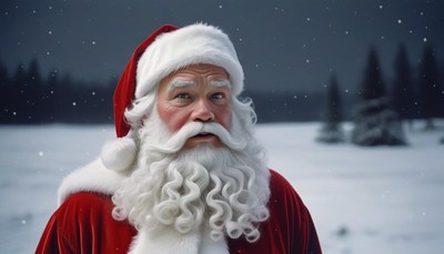 Santa claus in snowy landscape during winter evening