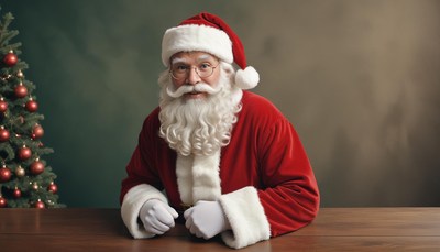 Santa claus sitting at a table with christmas tree
