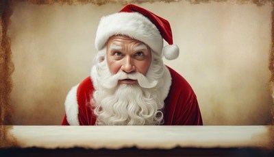 Santa claus looking thoughtfully over a table