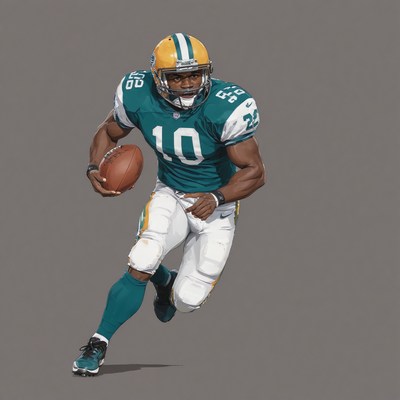 Running back dodges opponents on football field