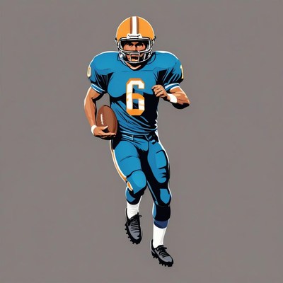 Running football player in blue jersey during game