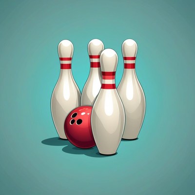 Bowling pins and ball on light blue background