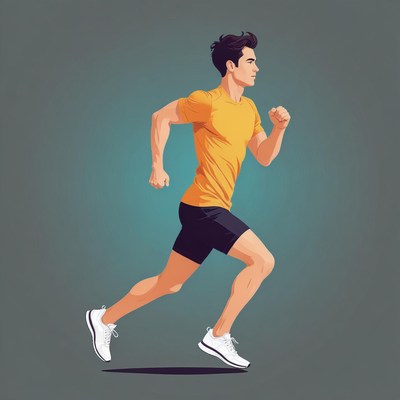 Young man running in athletic gear on gray background